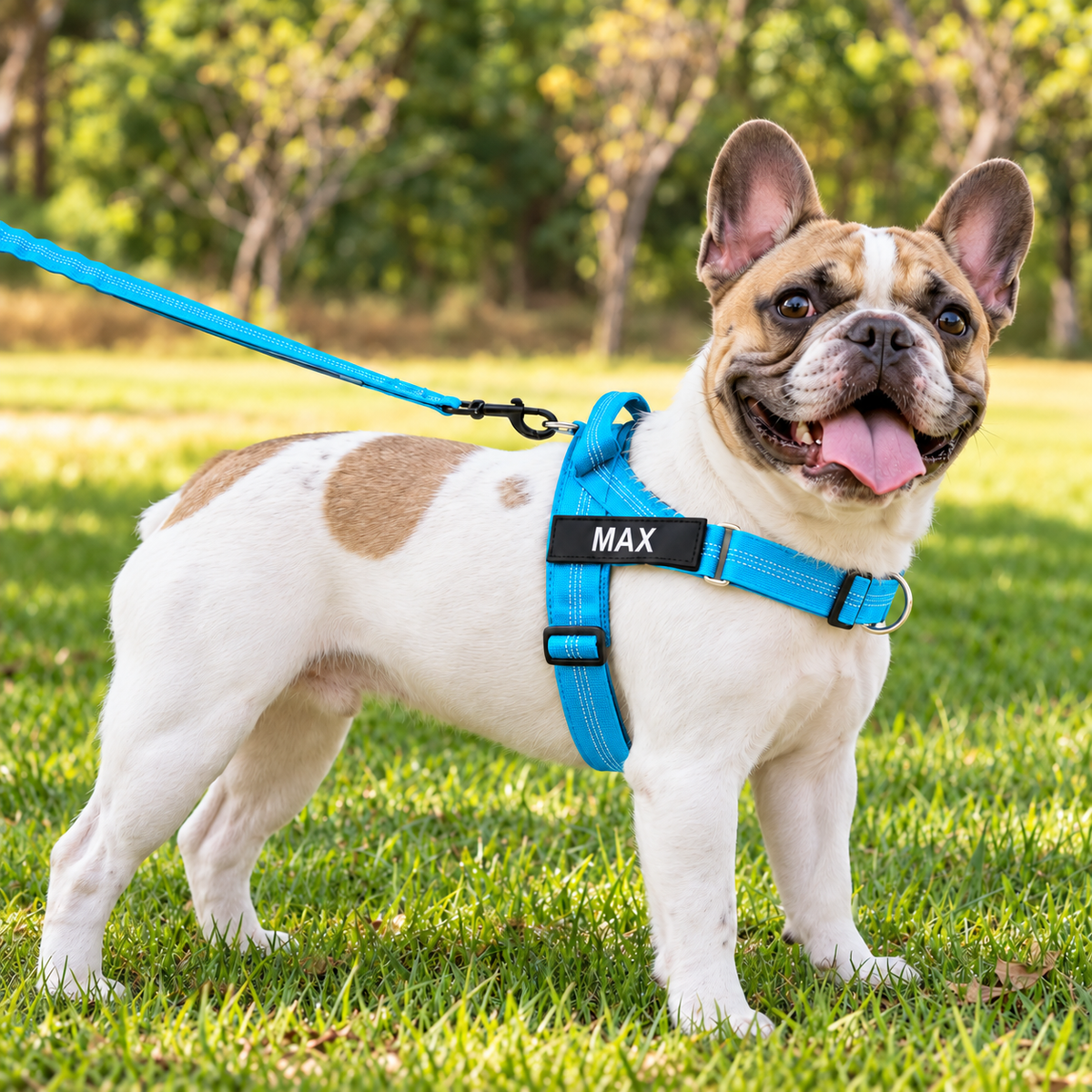 Happy French bulldog on the grass in a blue personalised lightweight harness with a black name patch reading MAX, lead clipped to the rear ring